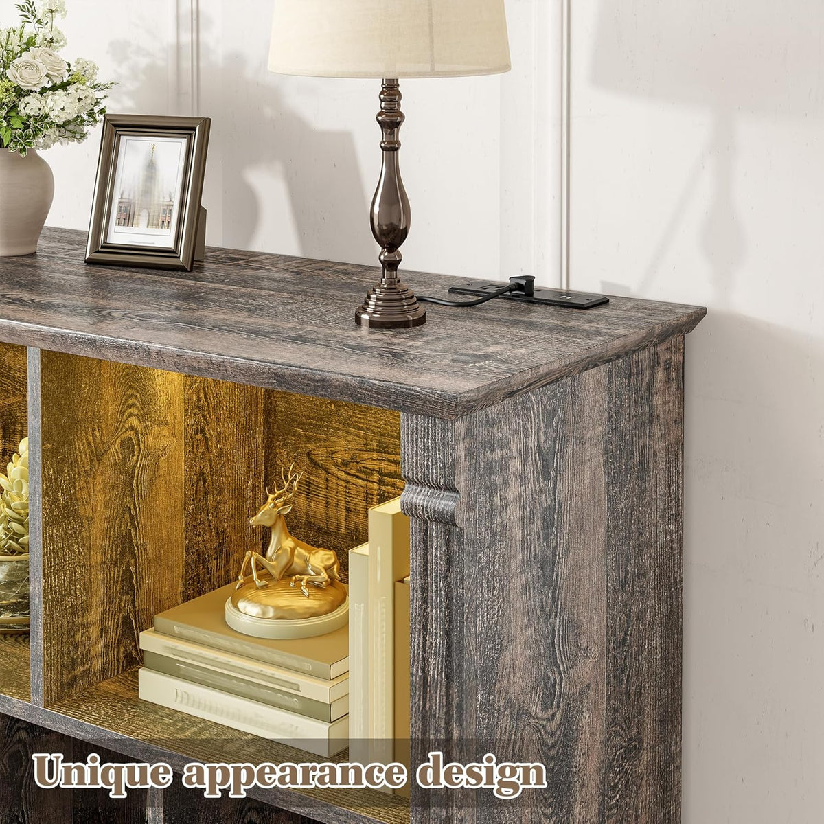 EnHomee 7 Cube Bookshelf Cubby Storage Organizer with LED Lights and Charging Station, Wood Shelf