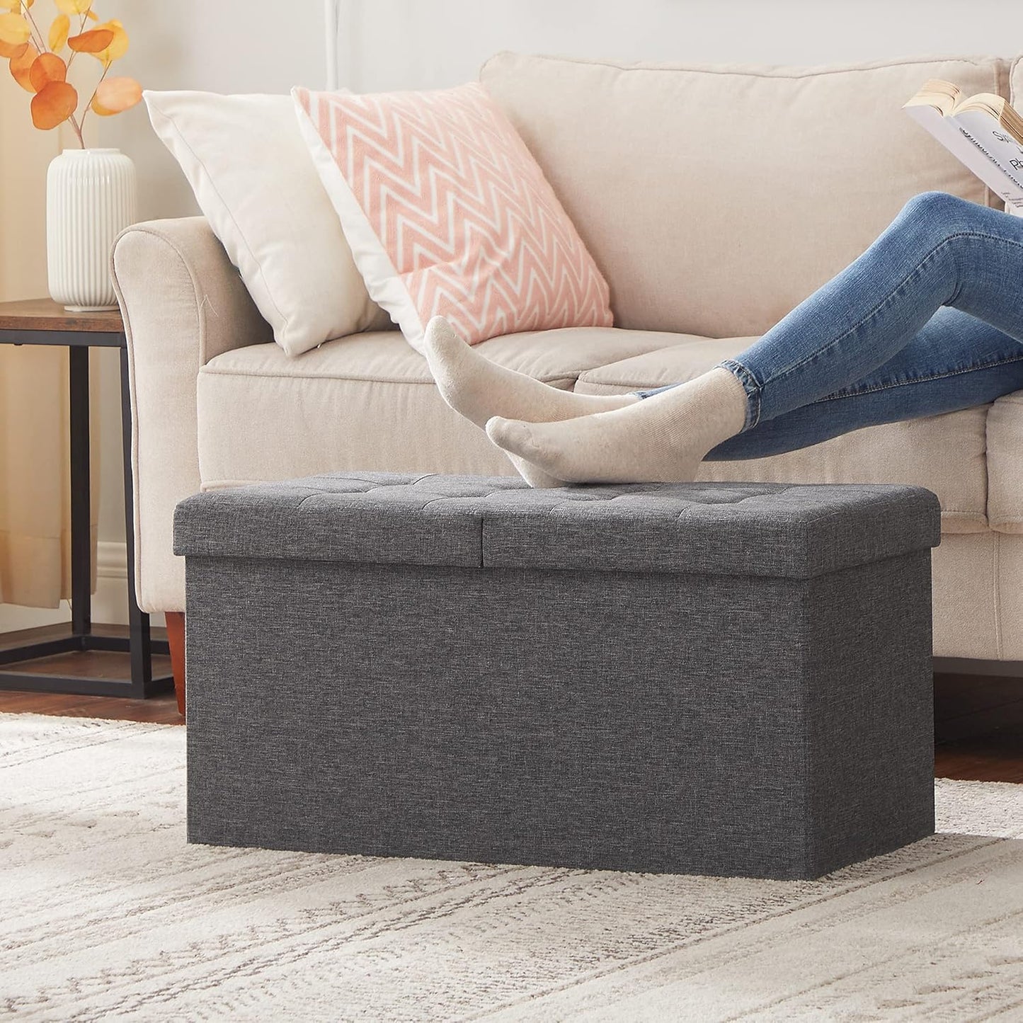 SONGMICS MAZIE Collection - 30 Inches Storage Ottoman, Foldable Storage Bench with Flipping Lid