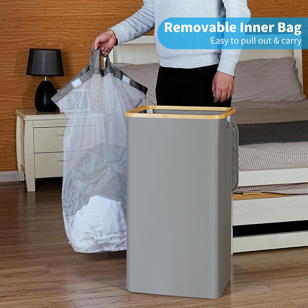 efluky Laundry Basket with Lid and Removable Bag, 100L Tall Laundry Hamper with Bamboo Handles