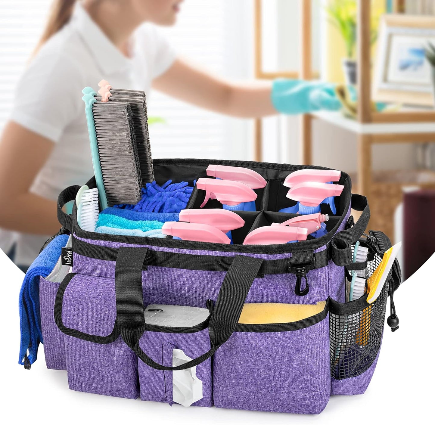 LoDrid Large Wearable Cleaning Caddy Bag with Detachable Divider, Cleaning Supply Tote Organizer