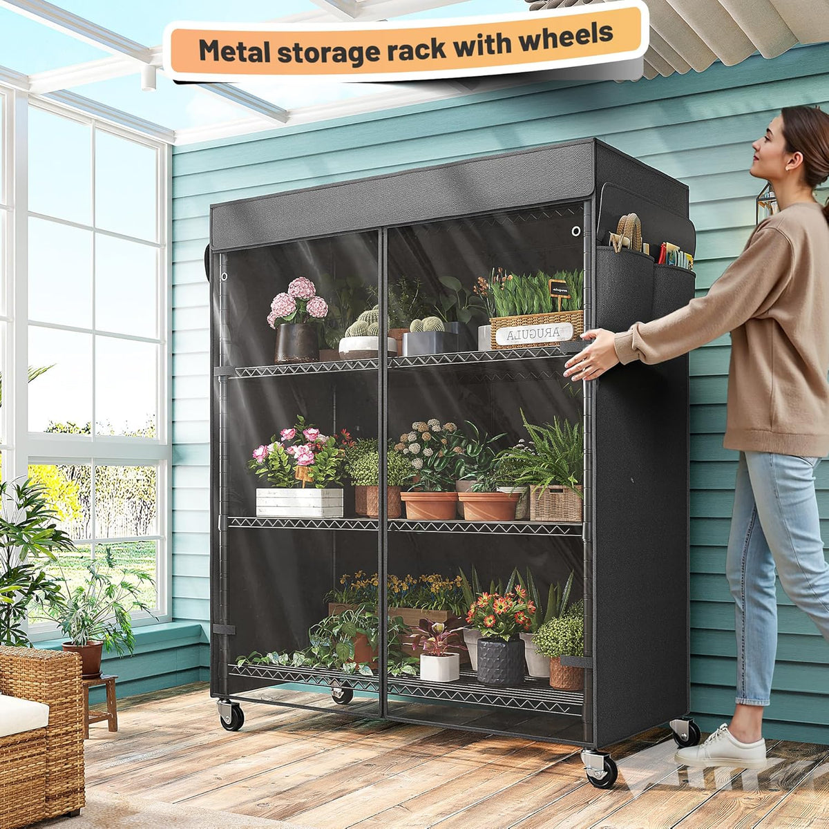 REIBII 4-Tier Storage Shelves Wire Shelving Unit with Cover & Wheels, Heavy Duty Metal Shelving for