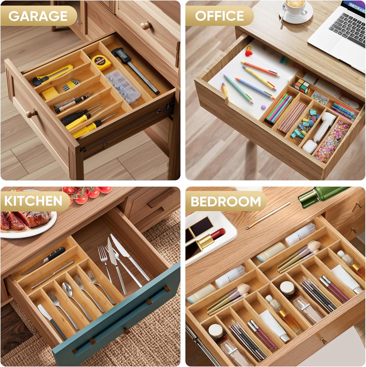 Silverware Organizer, 12.5 Inch Utensil Organizer Kitchen Drawer Organizer Bamboo Silverware Holder