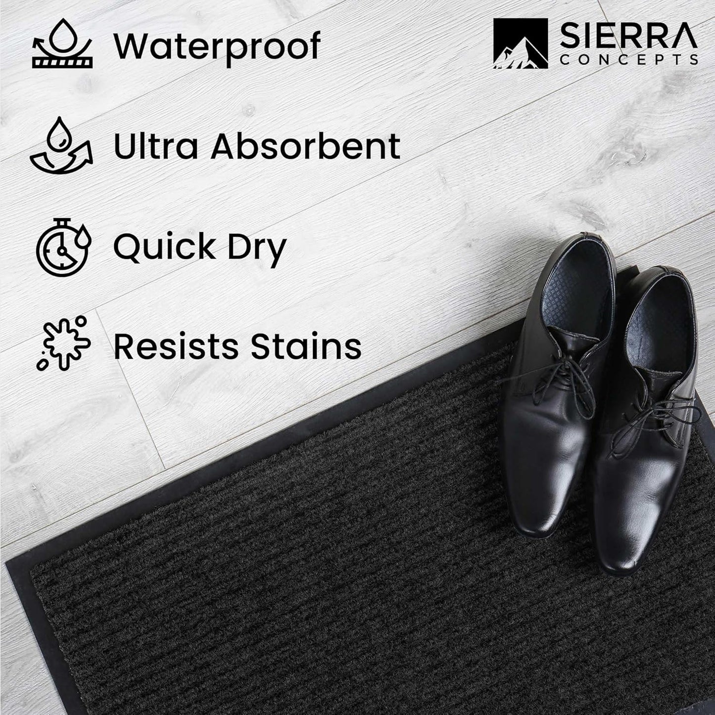 Sierra Concepts 2-Pack Front Door Mat Ribbed Black - Indoor Outdoor Floor Doormat Entryway Welcome