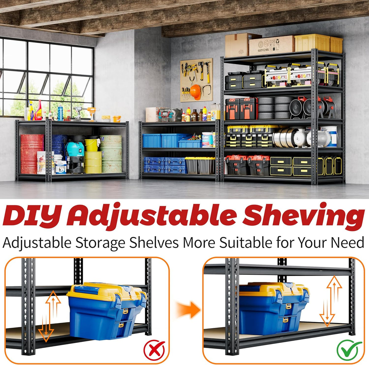 72"H Storage Shelves heavy duty, 2000LBS Garage Shelving, 5 Tier Metal Shelving Unit Adjustable