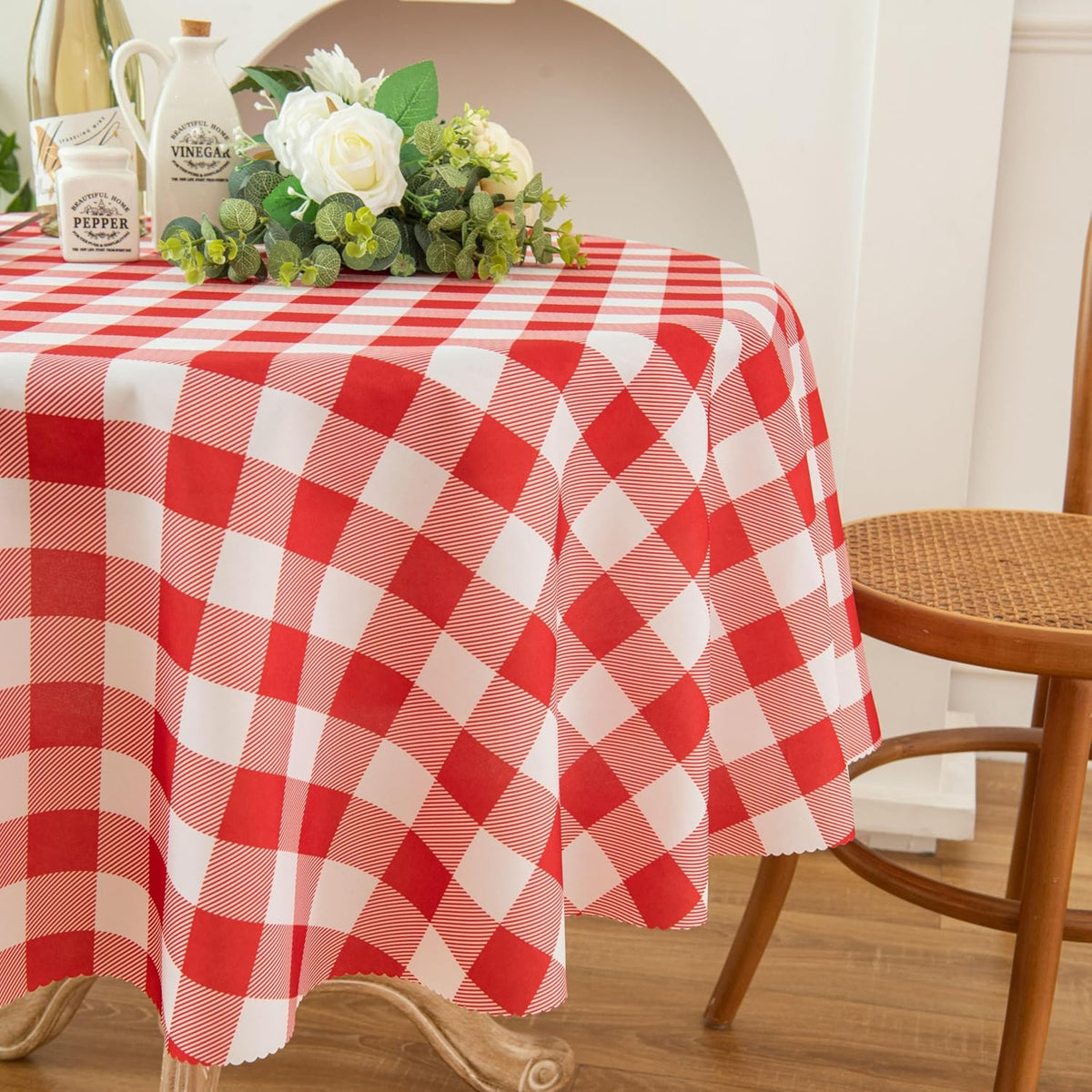 Waterproof Plaid Tablecloth Fabric - Round 58 Inch Classic Gingham Checker Table Cloth for