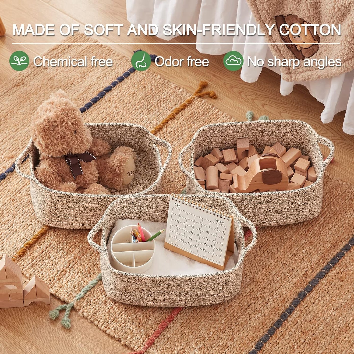 OIAHOMY Cotton Rope Baskets, Woven Baskets for Storage, Nursery Storage Baskets, Rectangle Storage