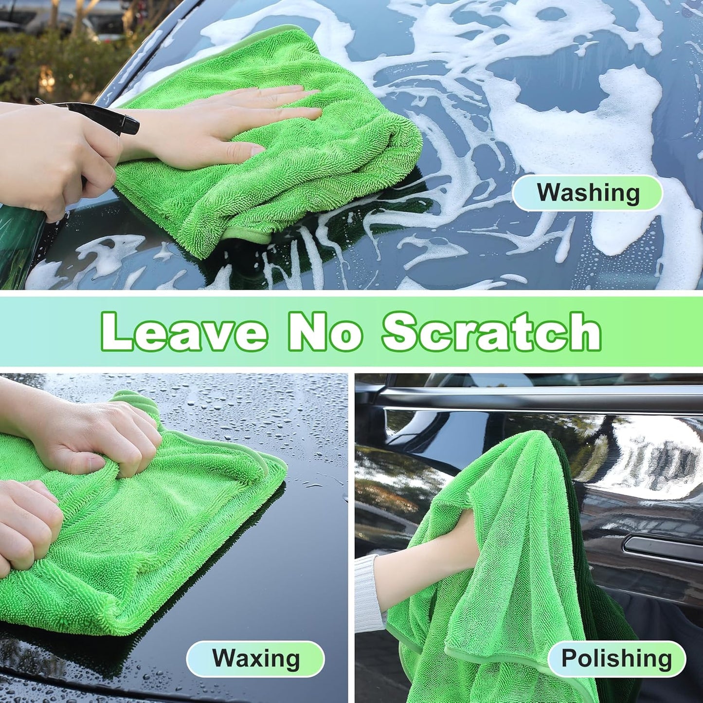 JOYMOOP Microfiber Towels for Cars, 35.4" x 23.6" Car Drying Towel, Green Reusable Car Towel, Quick