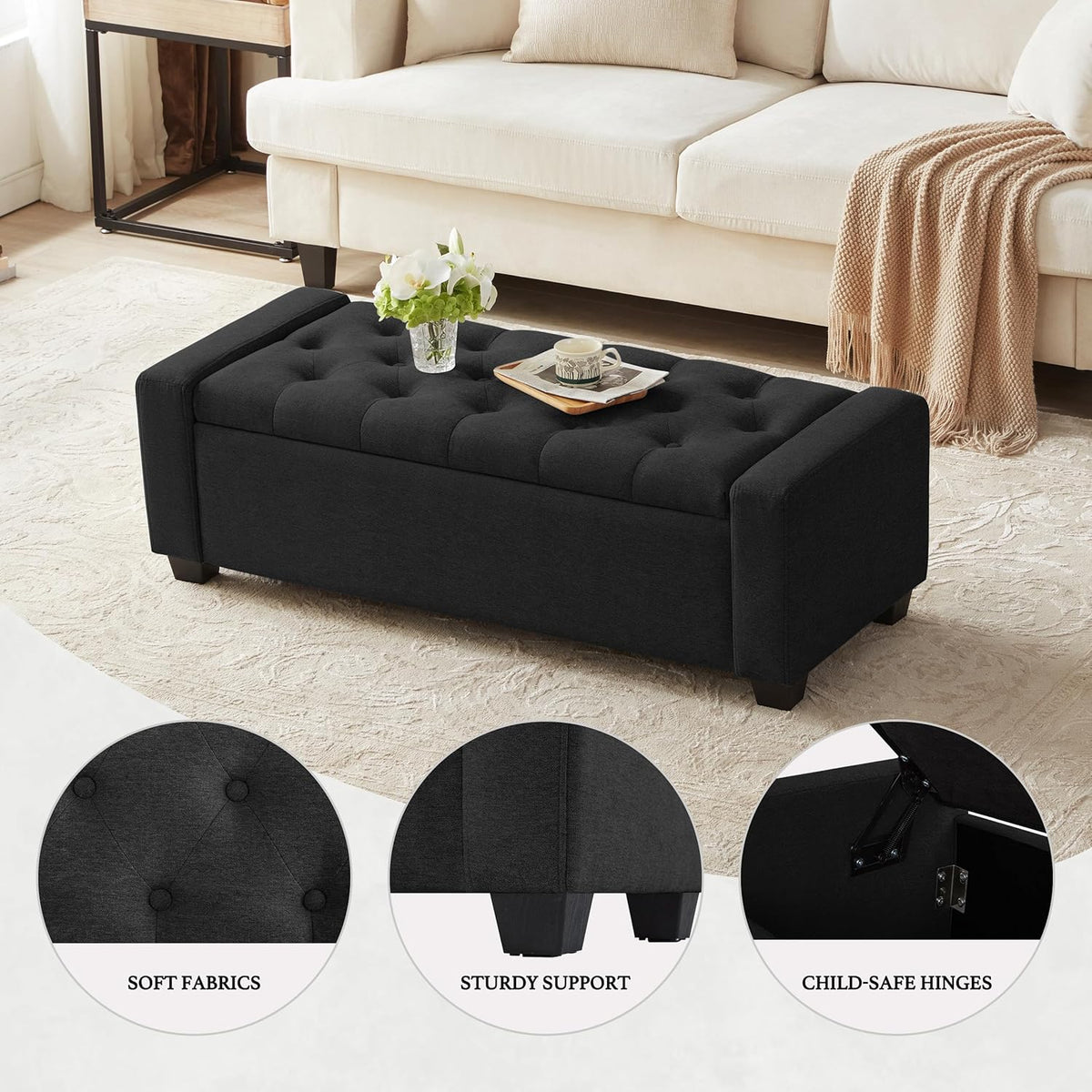48" Ottoman with Storage, Black Storage Ottoman Bench with Safety Hinge, Upholstered Entryway Bench