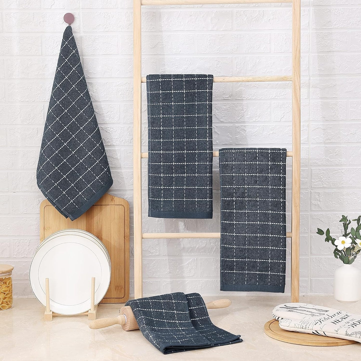 Homaxy 100% Cotton Terry Kitchen Towels(Dark Grey, 13 x 28 inches), Checkered Designed, Soft and