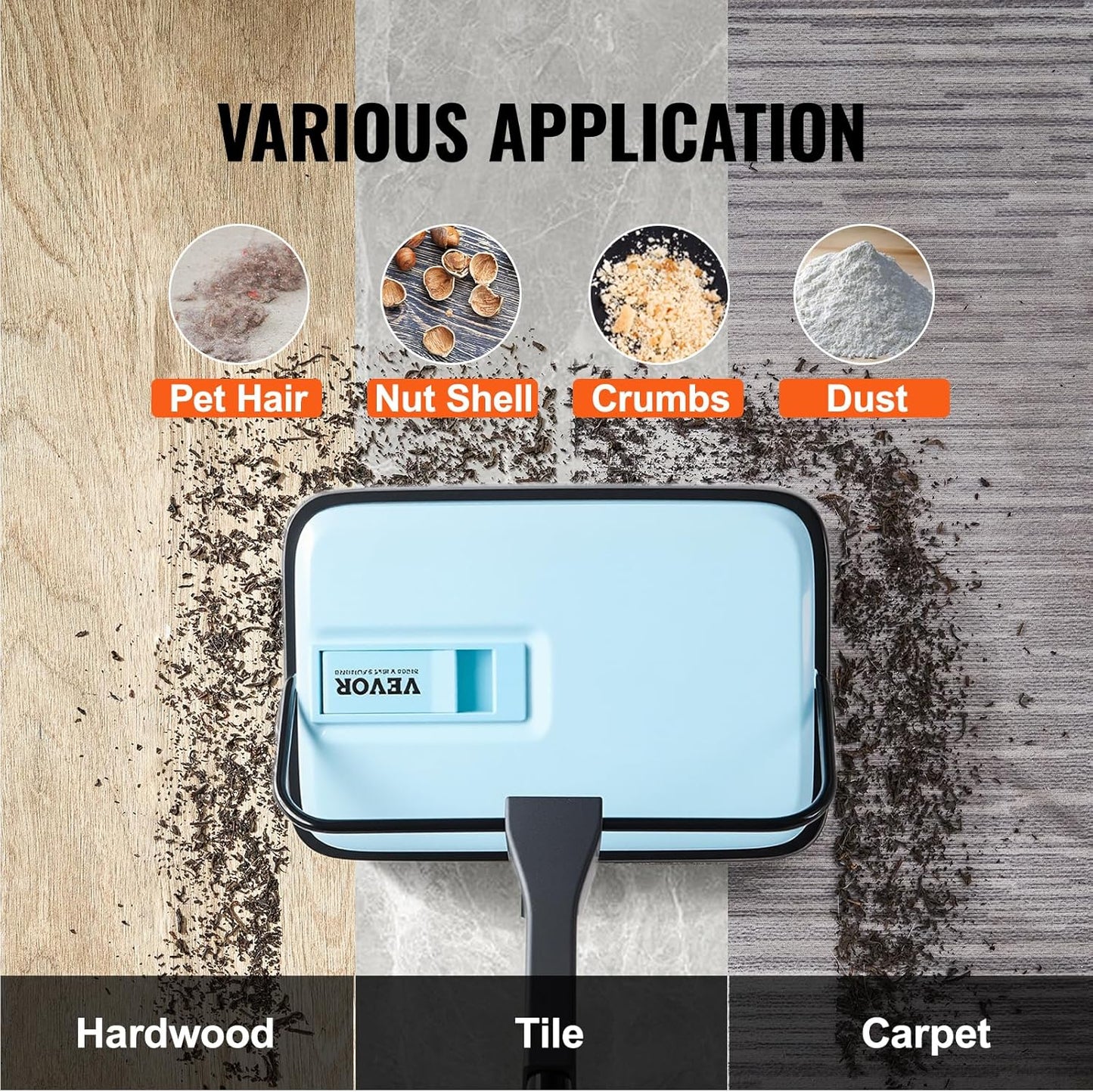 VEVOR Carpet Sweeper Manual, Floor Sweeper with 300 ml Dustbin Capacity Easy to Empty, 6.7 inch