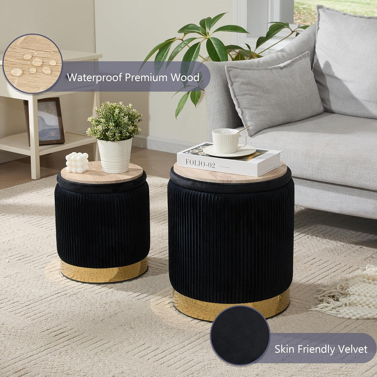 Royal Windsor Round Ottoman with Storage Set of 2, Vanity Stool with Storage for Bedroom, Ottoman
