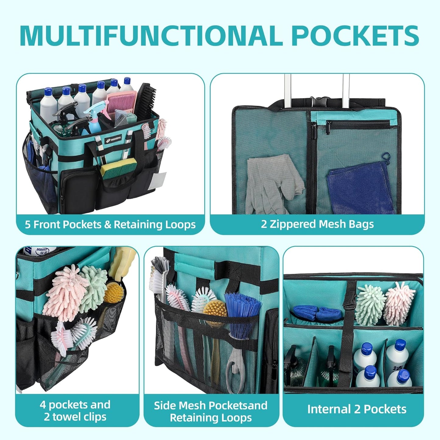 Rolling Cleaning Caddy Bag with Wheels, Large Cleaning Cart Detachable Trolley, Cleaning Bags for