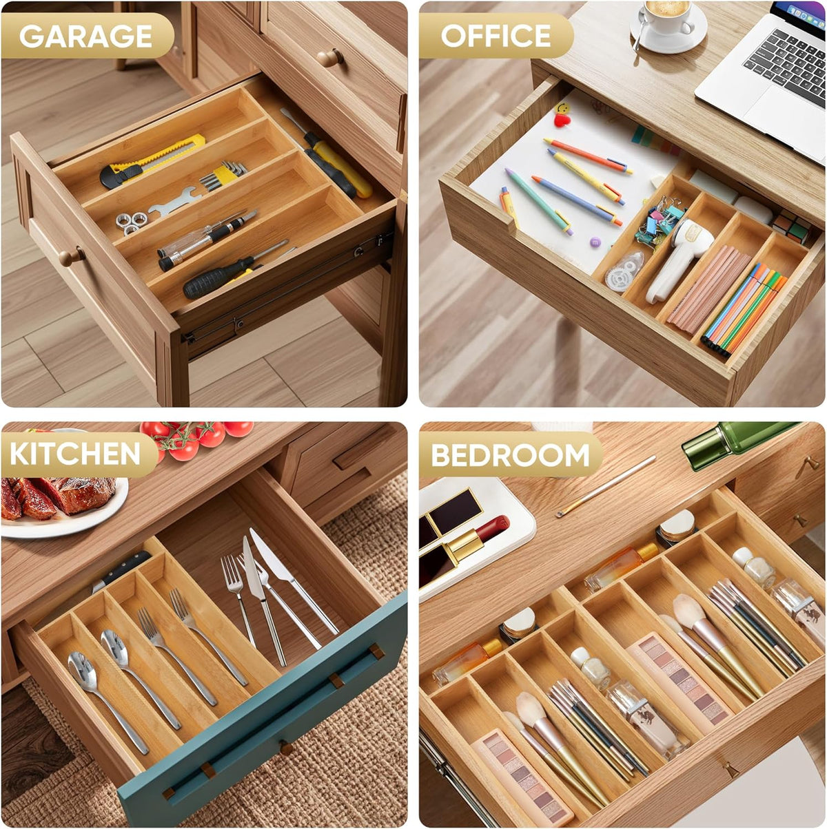 Silverware Organizer, 2 Pack 10 Inch Utensil Organizer Kitchen Drawer Organizer Bamboo Silverware