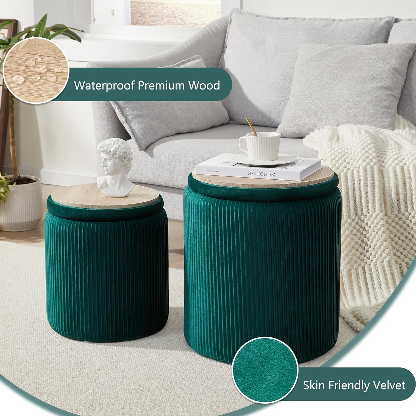 Royal Windsor Round Ottoman with Storage Set of 2,Vanity Stool with Storage for Bedroom, Ottoman