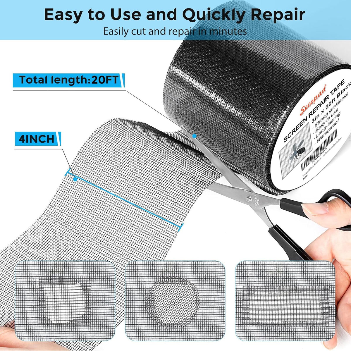 Black Window Screen Repair Tape, 3IN x 20FT (240IN) Screen Repair Kit for Windows or Doors, Strong