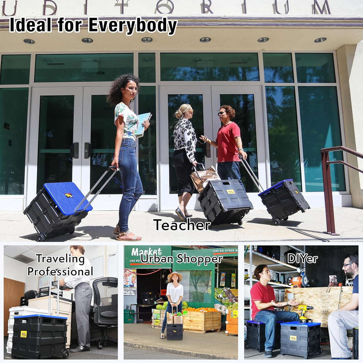 dbest products Quik Cart Collapsible Rolling Crate on Wheels for Teachers Tote Basket, 80 lbs