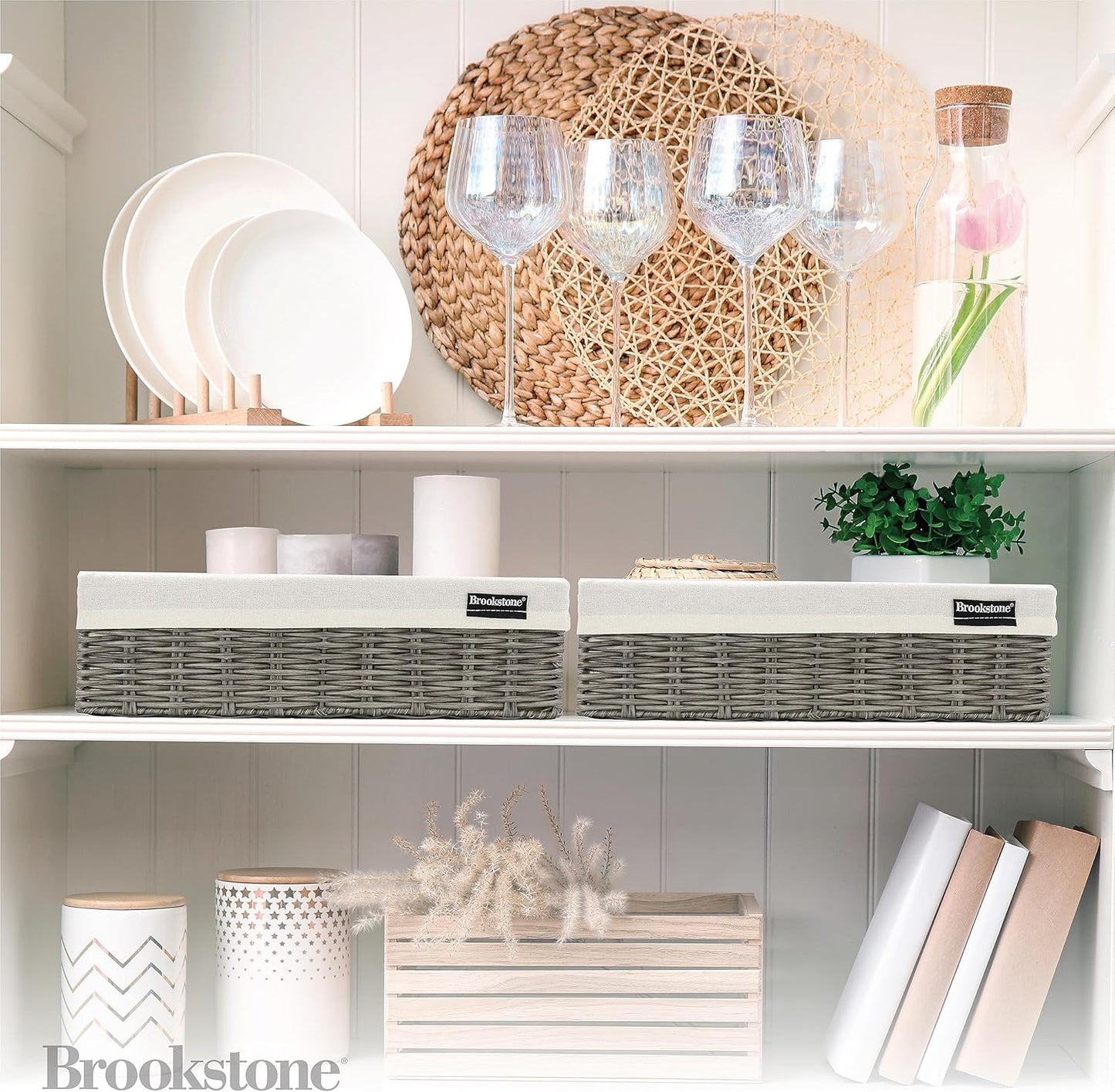 Brookstone Wicker Shelf Storage Basket Decorative Shelf Bin, bathroom organizers and storage, Boho