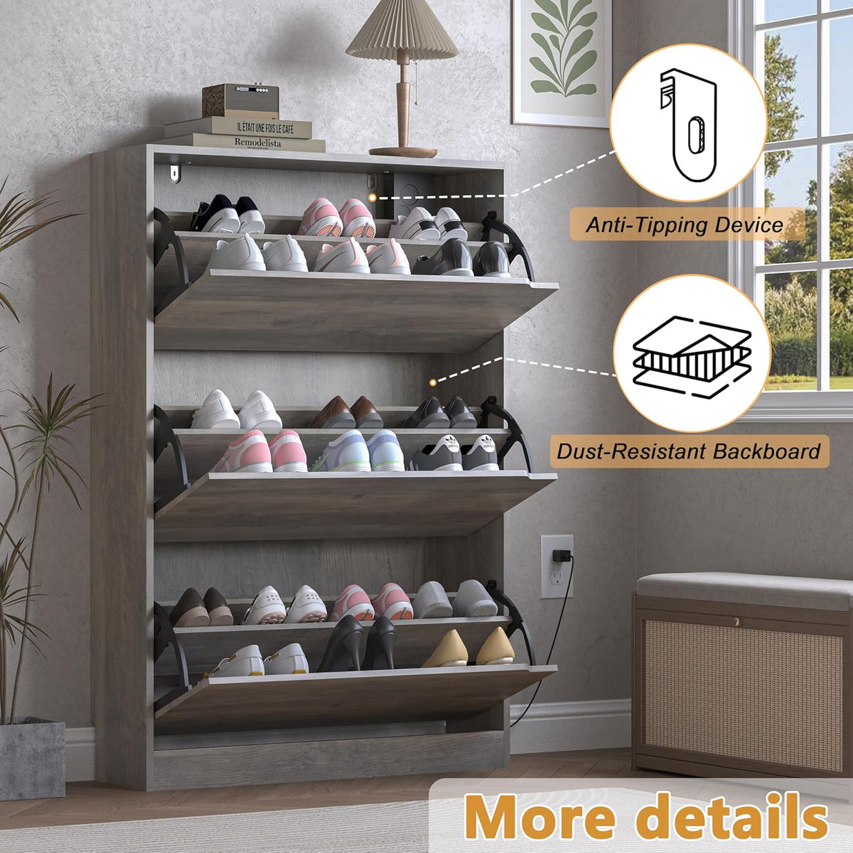 Shoe Cabinet with Odor Control and Back Panels, Deodorizing Slim 3-Flip Shoe Storage Cabinet for