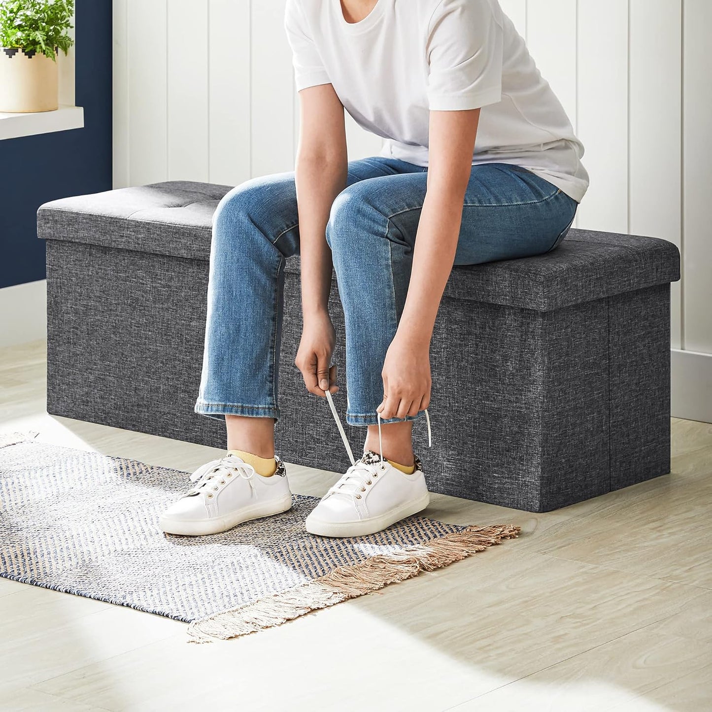 SONGMICS MAZIE Collection - 43 Inches Storage Ottoman, Foldable Storage Bench with Flipping Lid