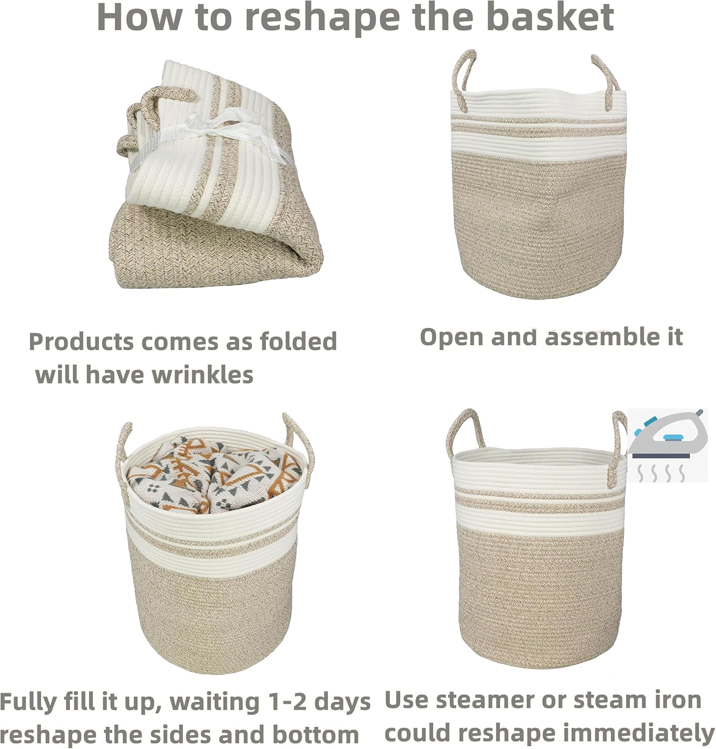 Cotton Rope Laundry Basket Hamper for Clothes Woven Storage Basket for Living Room Bedroom Boho