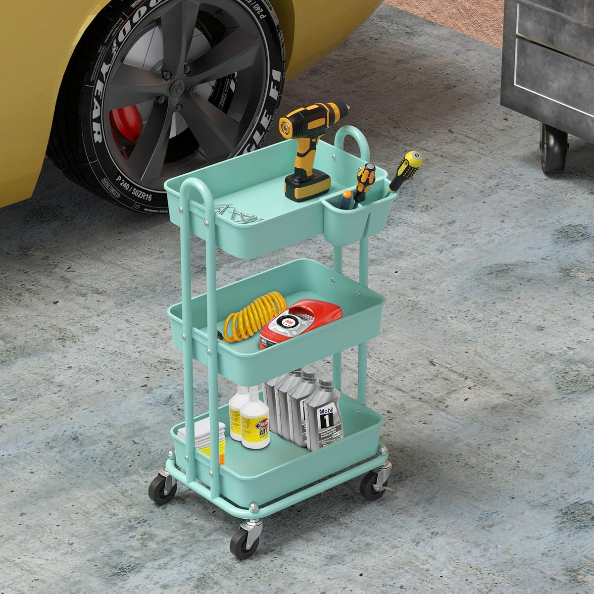 Simple Houseware 3-Tier Multifunctional Rolling Utility Cart with Hanging Bucket, Turquoise