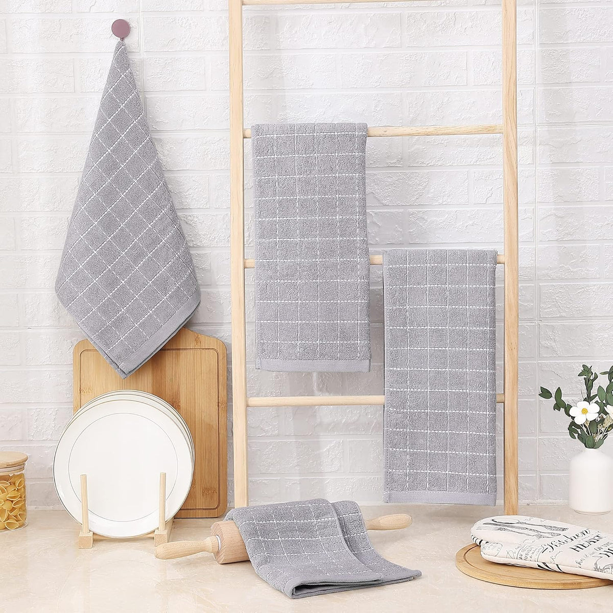 Homaxy 100% Cotton Terry Kitchen Towels(Light Grey, 13 x 28 Inches), Checkered Designed, Soft and