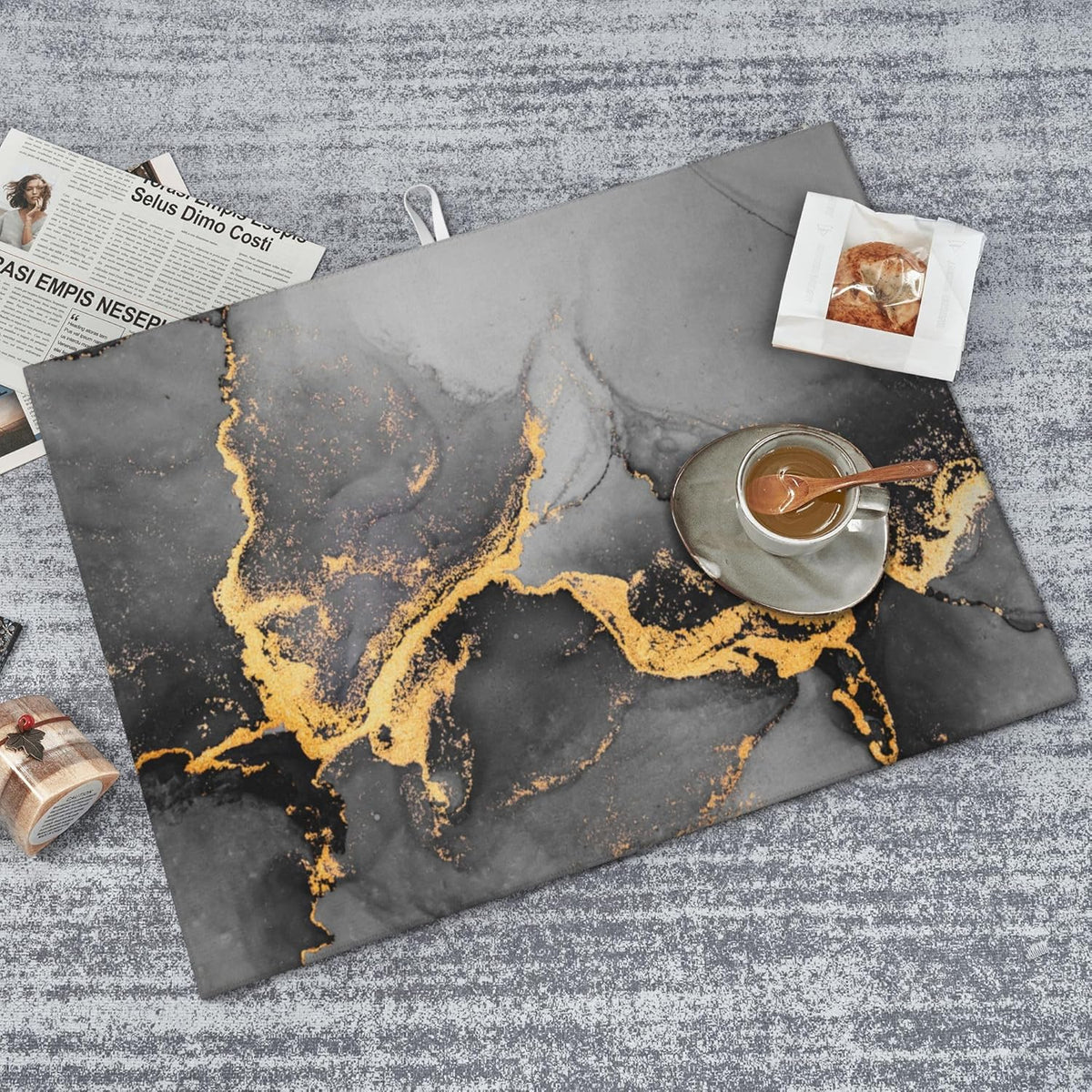 Black Gray Gold Marble Kitchen Drying Mat Abstract Modern Microfiber Dish Drainer Mat for Kitchen
