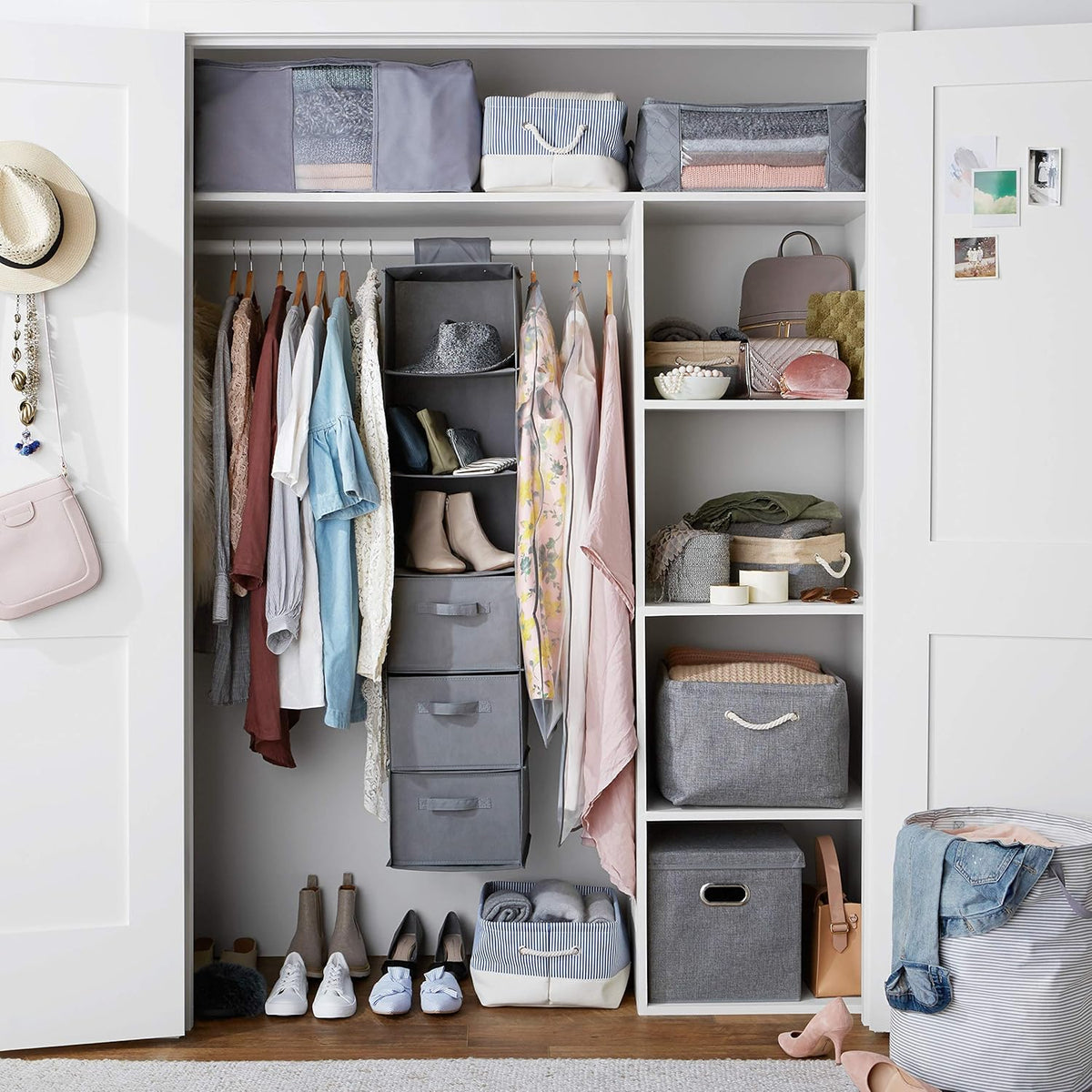 Amazon Basics 6-Tier Hanging Shelf Closet Storage Organizer with Removable Drawers, Grey, 6.9"D x