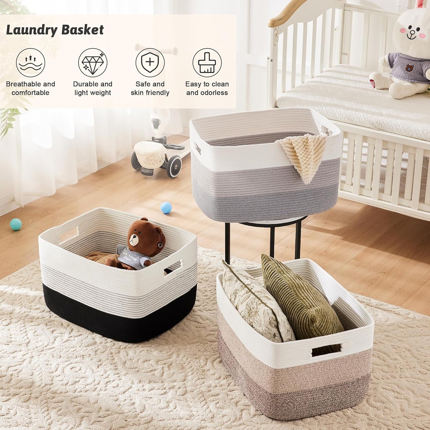 Blanket Basket,Rectangle Woven Baskets for Storage,100L Laundry Basket for Decorative Nursery