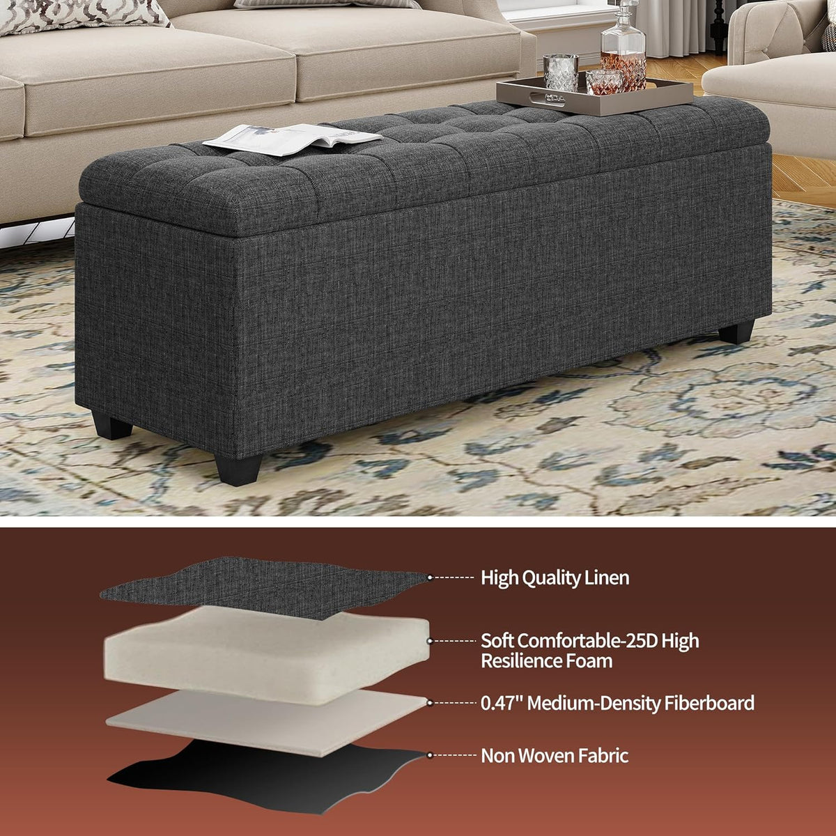 Ottoman with Storage 38 inches, Furniture End of Bed Storage Benches, Long Ottomans Bench with