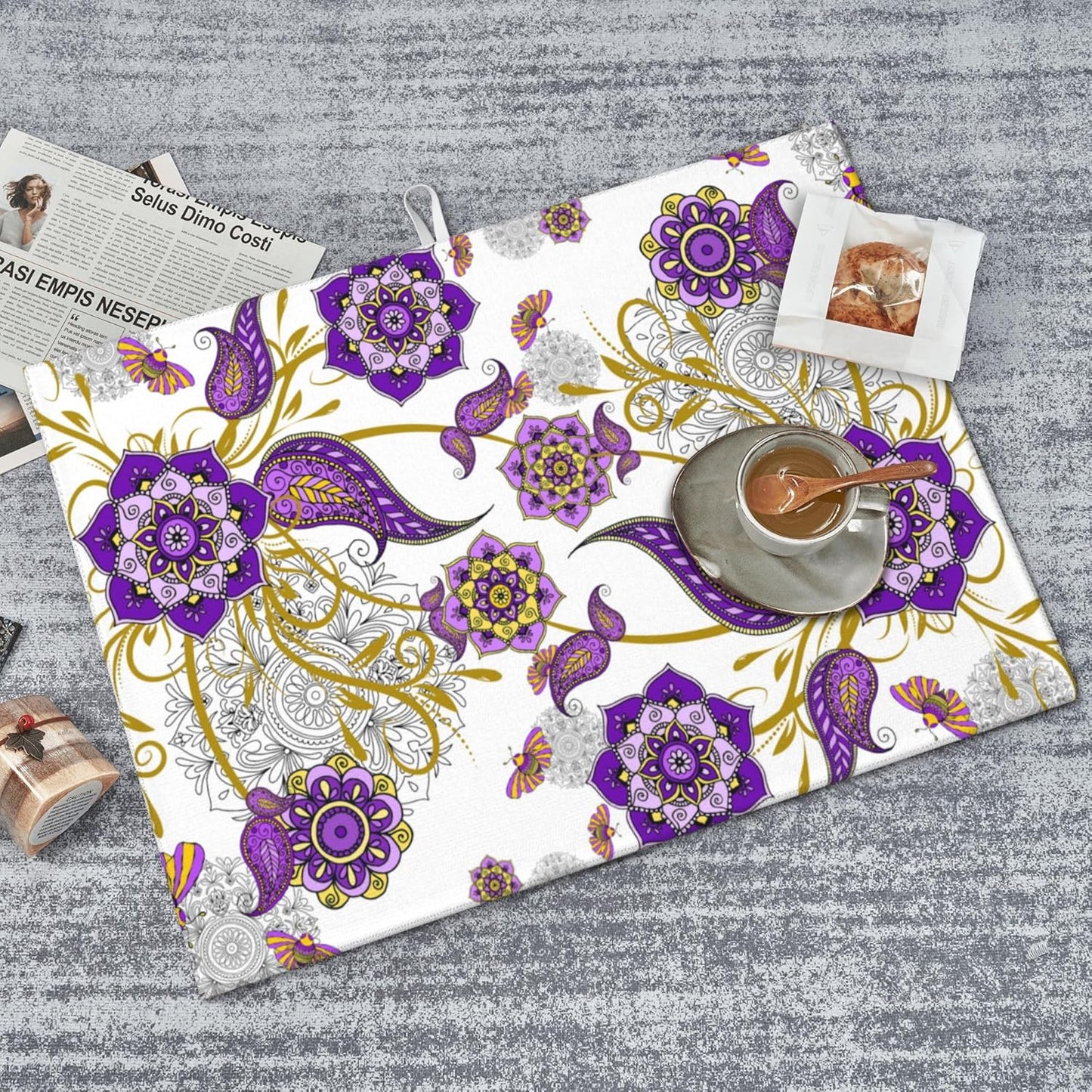 Purple Flower Kitchen Drying Mat Boho Floral Microfiber Dish Drainer Mat for Kitchen Counter