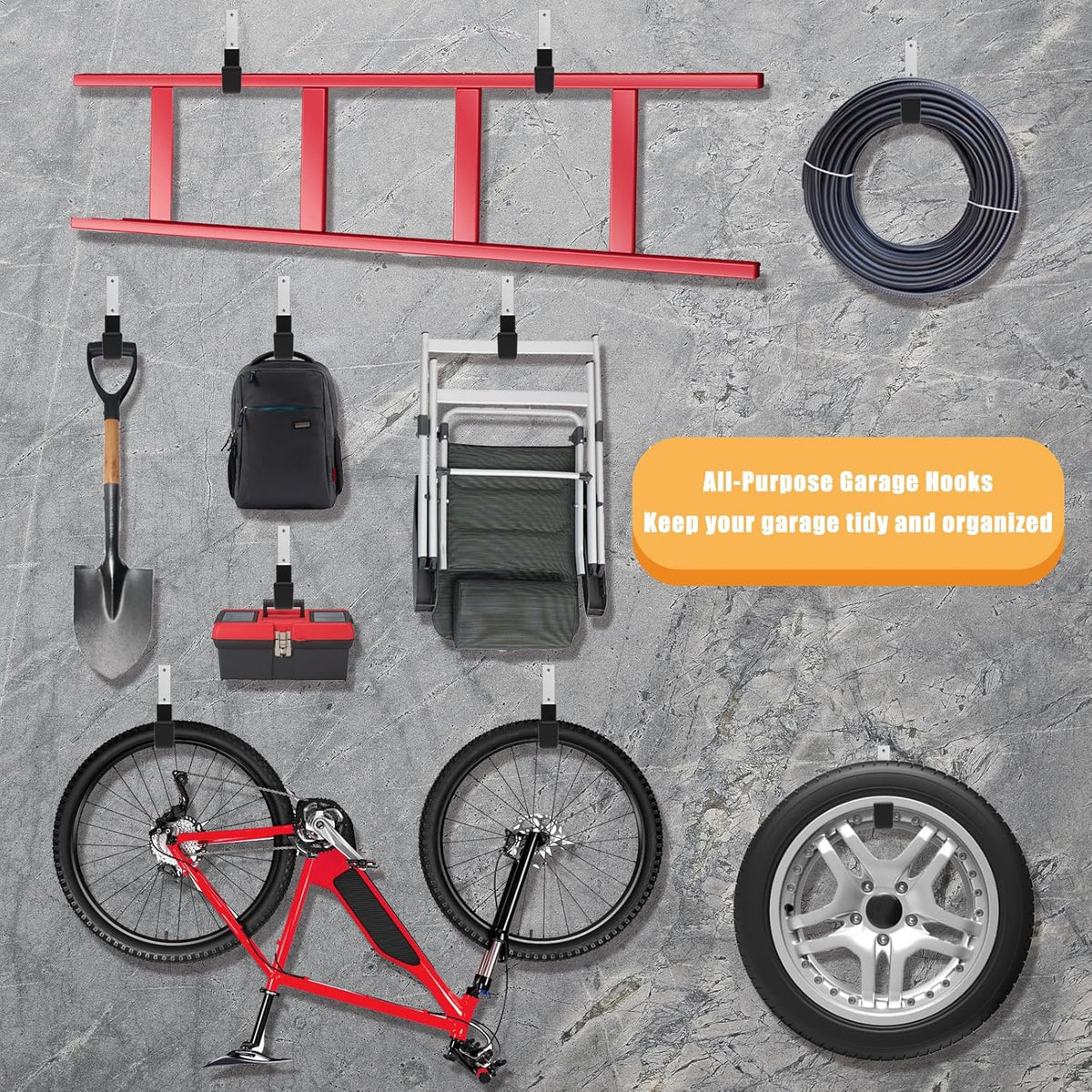 Heavy Duty Utility Hooks for Wall Mount, Garage Wall Hooks, Multi-Use Hose, Bike, Ladder, Chainsaw
