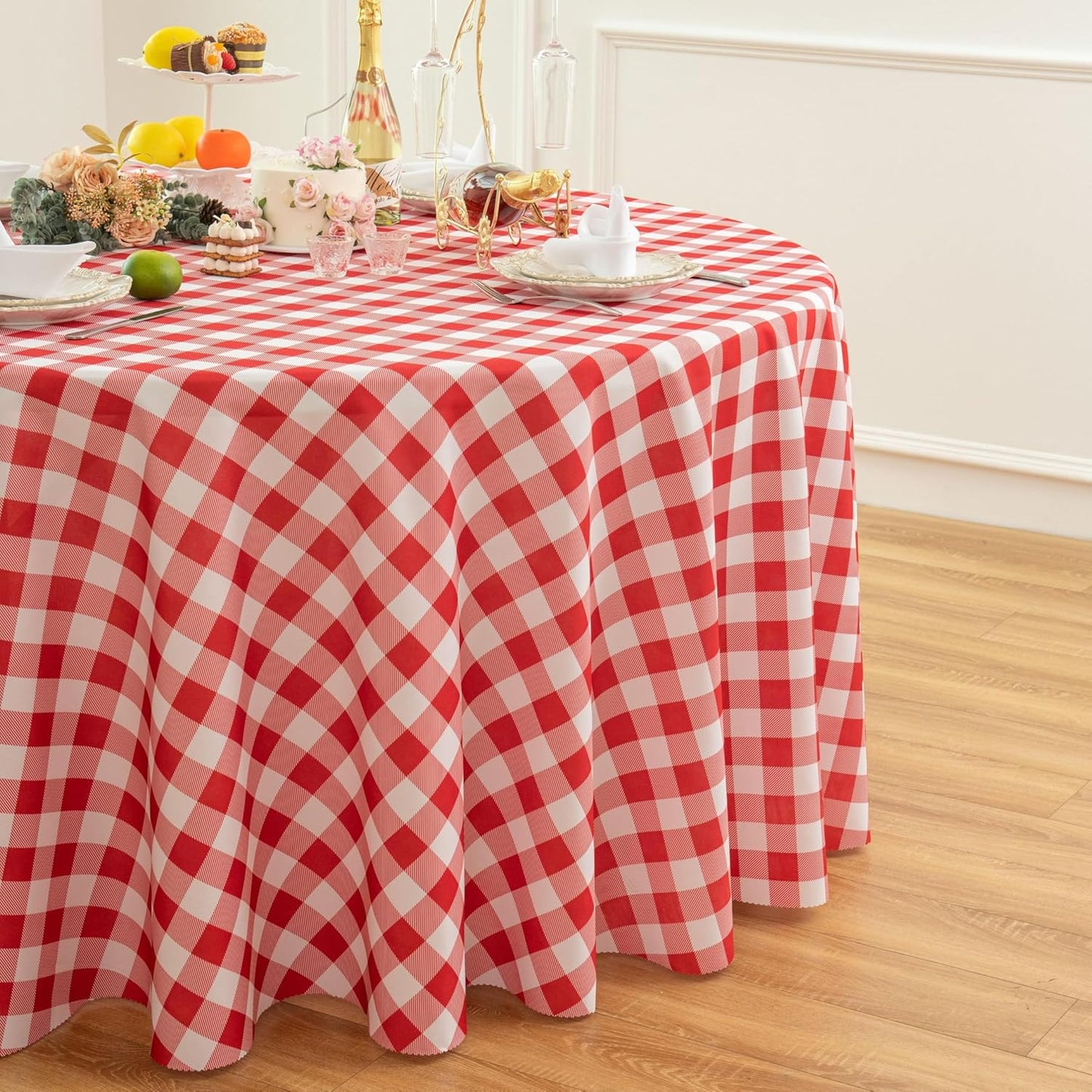 Waterproof Plaid Tablecloth Fabric - Round 108 Inch Classic Gingham Checker Table Cloth for