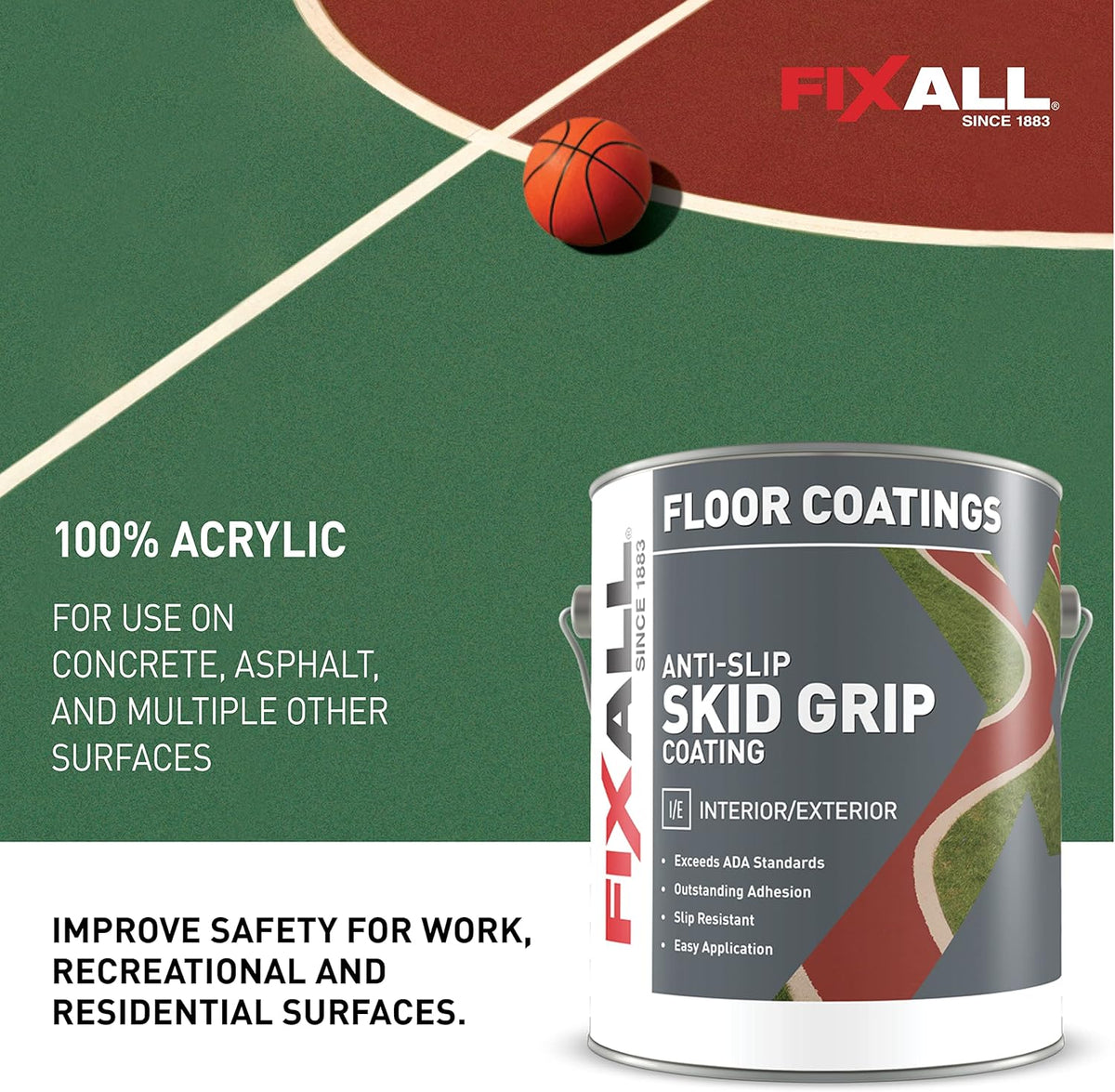 FIXALL Skid Grip Anti-Slip Coating, 1 Gallon, Emerald, Exceeds ADA Standards, Ideal for Safety