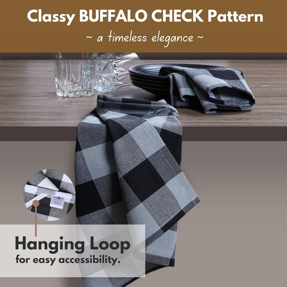 Native Fab 6 Pack Buffalo Check Kitchen Dish Towels, Cotton, Durable, Washable 16"x26" - Tea Towel
