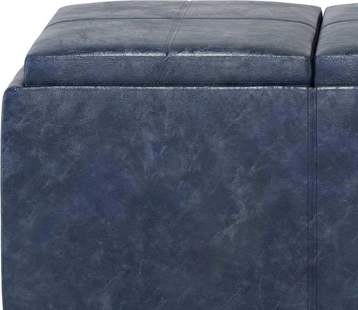SIMPLIHOME Avalon 42 inch Wide Contemporary Rectangle Storage Ottoman in Denim Blue Vegan Faux