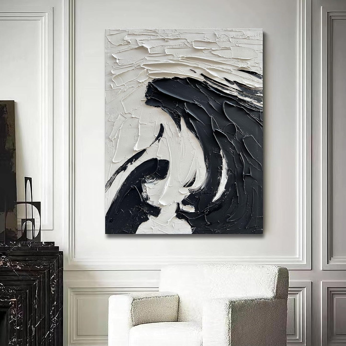 NANKAI 40x28 inch Minimalist Black and White Abstract Painting 100% Hand-Painted Modern Wall Deco
