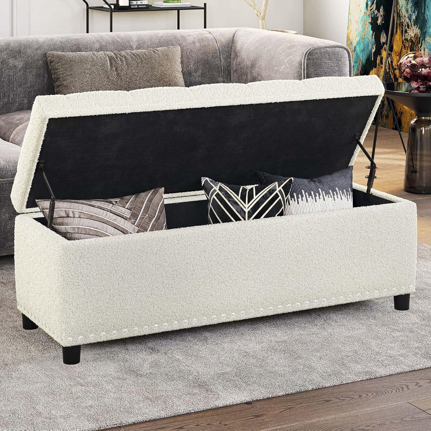 BELLEZE 47" Storage Ottoman, Storage Bench with Safety Close Hinge, Linen Button-Tufted Ottoman for