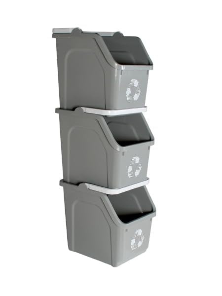 Multi Recycling Bin System with Three Stacking 6 Gallon Bins with Carrying Handles, Stackable and