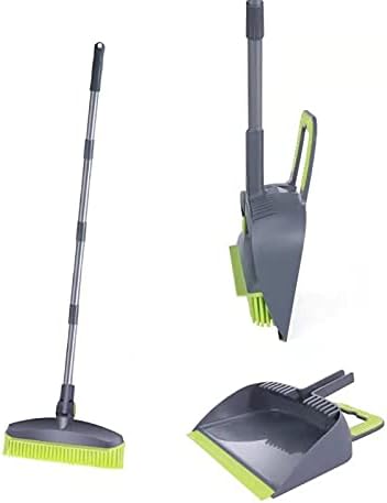 Adjustable Rubber Push Broom and Dustpan Set,Self Cleaning Indoor Outdoor Angle Brooms with Dust