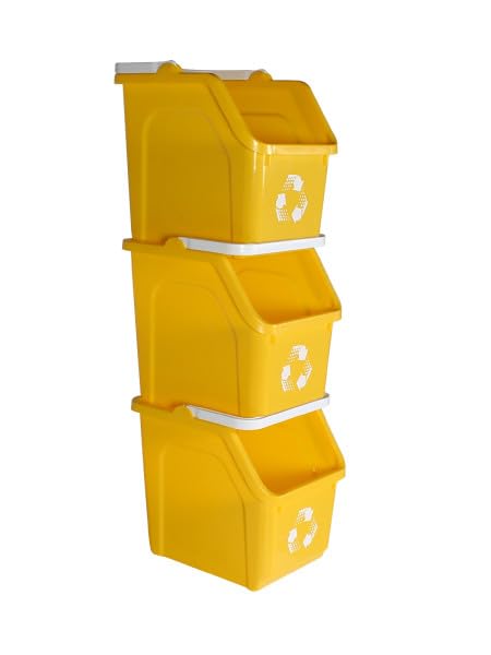 Multi Recycling Bin System with Three Stacking 6 Gallon Bins with Carrying Handles, Stackable and