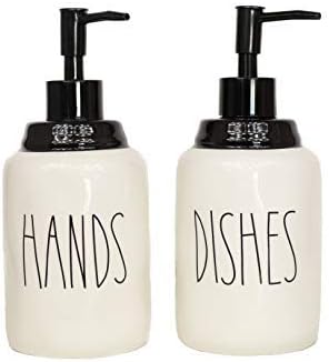 Modern Farmhouse Ceramic Dishes and Hands Soap Dispenser Set for Kitchen | Stainless Steel Pumps |