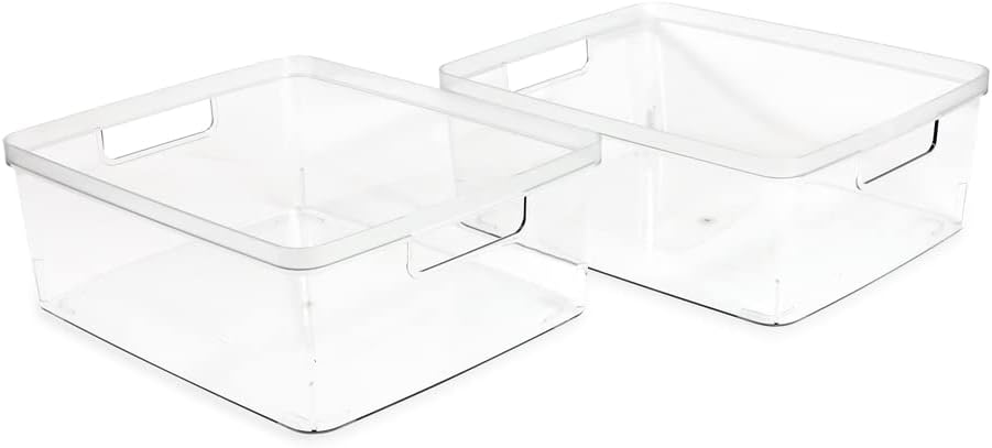 Isaac Jacobs 2-Pack Large Clear Storage Bins (11.5” L x 14” W x 5.5” H) w/Cutout Handles, Plastic