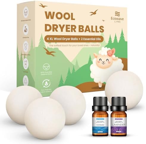 Wool Dryer Balls – 4XL Pack + 2 Essential Oils – 100% Pure New Zealand Wool – Eco-Friendly Fabric