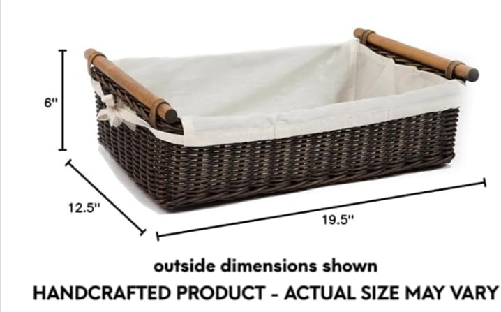 The Basket Lady Low Pole Handle Wicker Storage Basket, Large, 19.5 in L x 12.5 in W x 6 in H