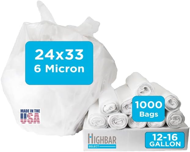 12-16 Gallon Trash Bags, Bulk Pack of 1000 High Density 6 Micron Clear Trash Bags, Lightweight