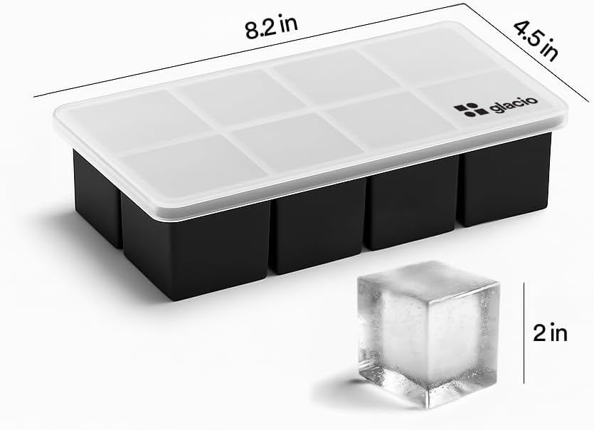 glacio Ice Cube Molds – 2-Pack Silicone Trays for 8 Large Square Cubes – Slow-Melt Ice for Whiskey
