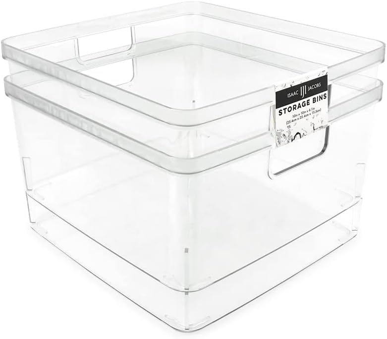 Isaac Jacobs 2-Pack Square Clear Storage Bins (10” L x 10” W x 6.1” H) w/Cutout Handles, Plastic