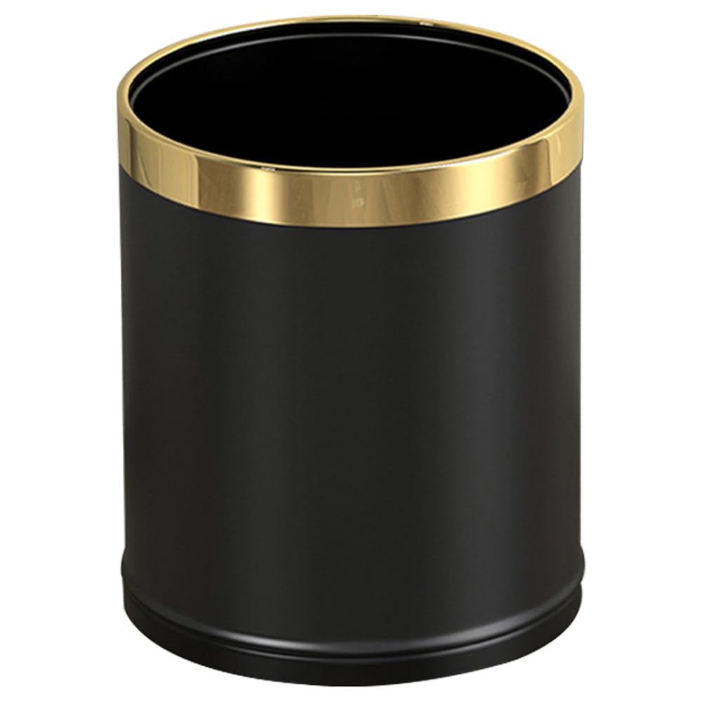 14L/3.7GAL Black and Gold Open Top Trash Can - Metal Office Wastebasket Without Lid for Office