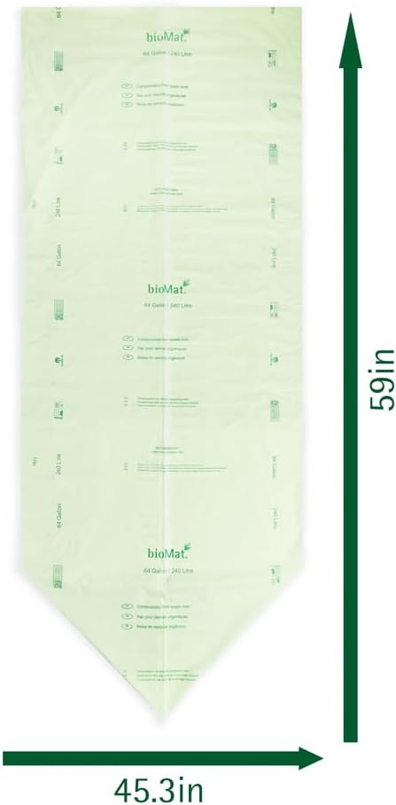 bioMat 64 Gallon Compostable Trash Bags Liners, 30 Count, BPI ASTM D6400 and CMA Certified, Compost